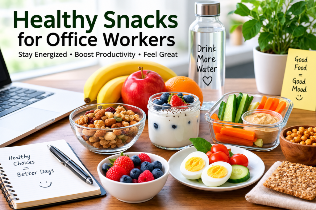 Healthy snacks for office workers including fresh fruits, mixed nuts, yogurt, vegetables, and hummus.